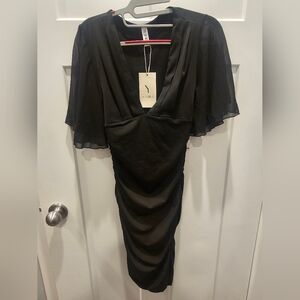 YesTo Black Ruched Bodycon Midi Dress Flutter Sleeve V-Neck NWT Size Small